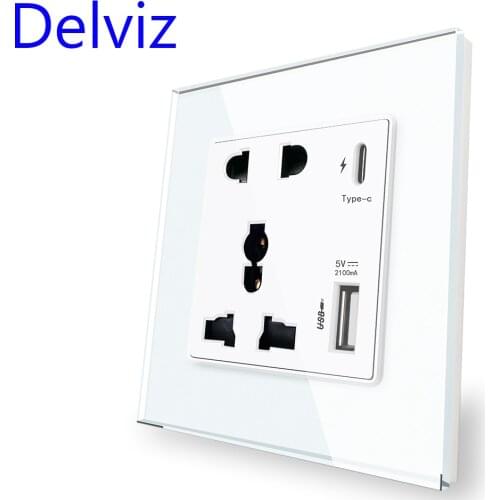 Delviz Type-C Interface Socket, Universal international,Crystal Glass Panel,Wall Power USB Outlet, 18W 4000mA Smart Quick Charge