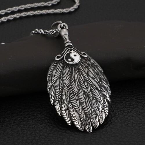 Vintage feather mens pendant titanium steel taiji gossip fan hole fan shape casting accessories