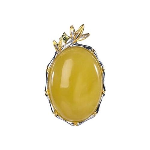 S925 sterling silver gold plated Natural Amber Beeswax Pendant Retro Bamboo Joint Bamboo leaves Ladies Sweater chain Pendant