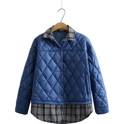 Oversize Womens Padded Jacket Autumn Clothes New Stitching Fake Two-Piece Plaid Thin Coat