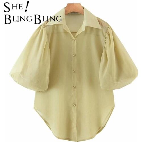 SheBlingBling Za Woman 2021 Casual Loose Shirt Summer Semi Transparent Tulle Puff Sleeve Curved Hem Blouses Female Traf Tops