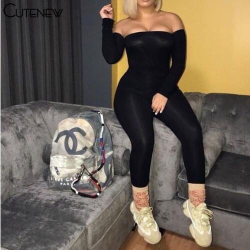 Cutenew Off Shoulder Slash Neck Ruched Stacked Jumpsuits Women Long Sleeve Skinny Solid Party Clubwear Female Elastic Streetwear