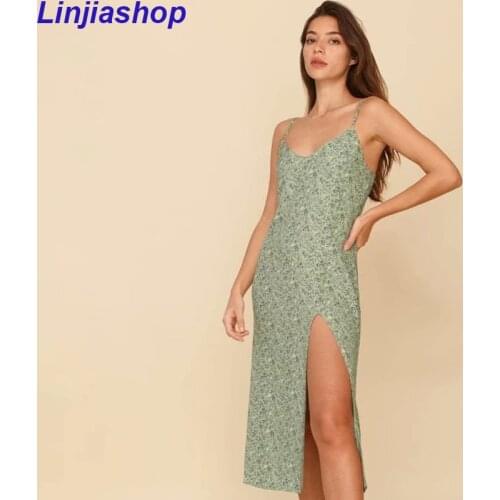 Chic Green Floral Print Cream Midi Dress Retro Spaghetti Straps Vestidos Vintage Tube Top Women Split Dress