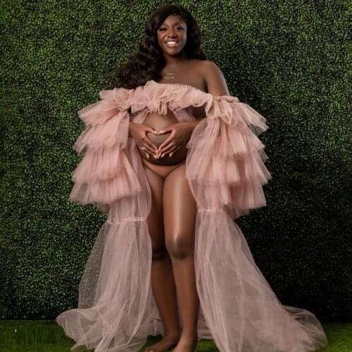 Chic Blush Pink Women Puffy Sleeve Tulle Dresses Tiered Sleeve Front Split Sexy Tulle Dress Plus Size Birthday Photo Shoot Gowns