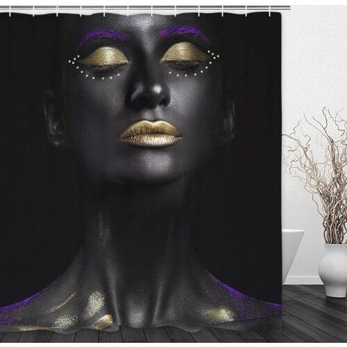 Gold Lips Black Girl Shower Curtain with 12 Hooks African American Woman Shower Curtain Waterproof