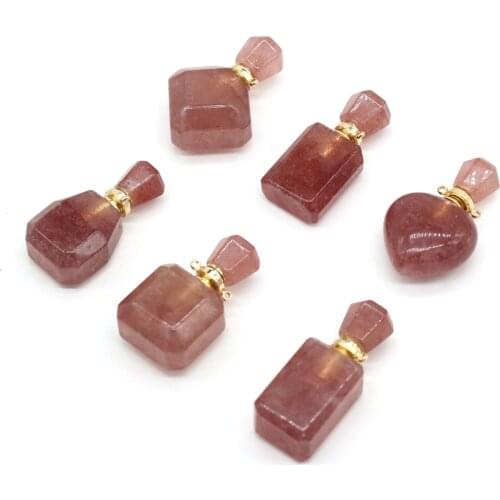 1pcs Natural Crystal Strawberry Quartzs Stone Perfume Bottle Necklace Pendant Elegant Women Essential Oil Vial Jewelry Gift