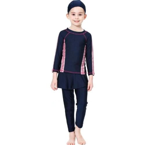 3 PCS Islamic Swimsuit for Kids Modest Bathing Suit Long Sleeved Girls Muslim Swimwear Maillot De Bain Hijab O Neck Burkini 2019