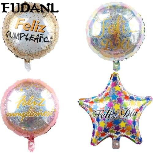 50pcs 18 inch Laser Feliz Spanish Balloons Happy Birthday Party Mylar Foil Helium Balloons Globos Baloes Supplies Party Decor