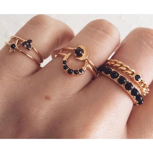 6 Pcs/set Fashion Retro Black Gem Hollow Crystal Moon Geometry Carved Ring Set Women Jewelry Wedding Accessories
