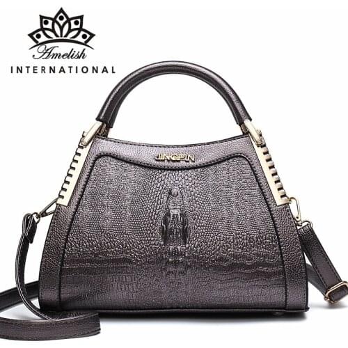 AMELISH Fashion 2021 Genuine Leather Women Bag Luxury Crocodile Business Messenger Tote Solid Color Large Lady Shoulder Handbag