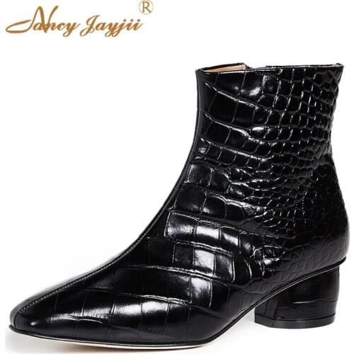 Stone-effect 2021 Winter Ankle Boots Lady Shoes Dress Party Fashion Zipper Round Heels Famous Brand Plus Size 42 45 Sexy Mature