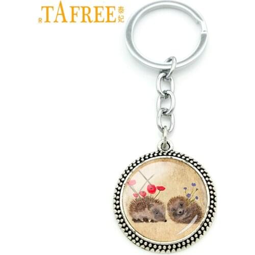 TAFREE Hedgehog Key Chain men women couple Full of love charm for Handmade Fashion Keychain round Glass cabochon jewelry H254