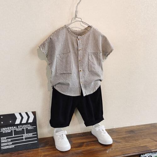 Childrens Clothing Boys Cotton And Linen Suit Summer Clothes 2021 New Childrens Western Style Two-piece Striped Baby Summer
