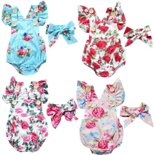 Floral Baby Girl Bodysuits Hairband Newborn Clothing Set 2PCS Sleeveless Rose Infant Jumpsuit Backless Girls Clothes Outfit Tops