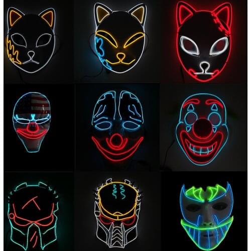 Halloween Joker Costume EL Wire Mask Horror Predator Japanese Fox Luminous LED Mask For Party Decoration