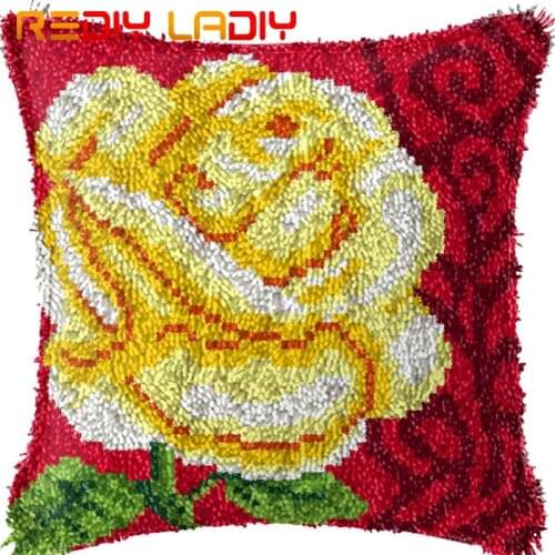 Latch Hook Cushion Big Red Rose Pre-Printed Canvas Cushion Cover Acrylic Yarn Crochet Pillow Case Kit Hobby & Crafts Home Decor