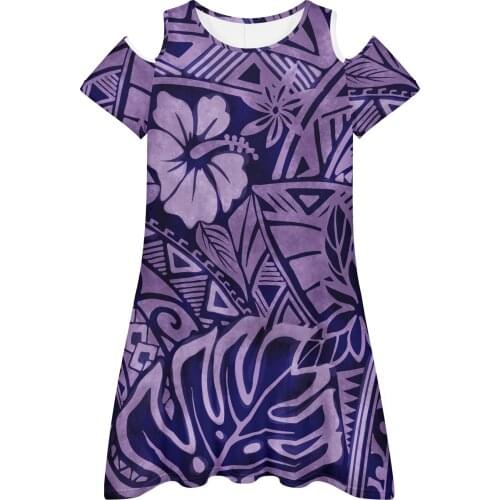 On Demand Printing Summer O Collar Hibiscus Floral Print Short Sleeve Sexy Mini Skirt Hawaii Lively Girl Casual Dress Cool Purpl