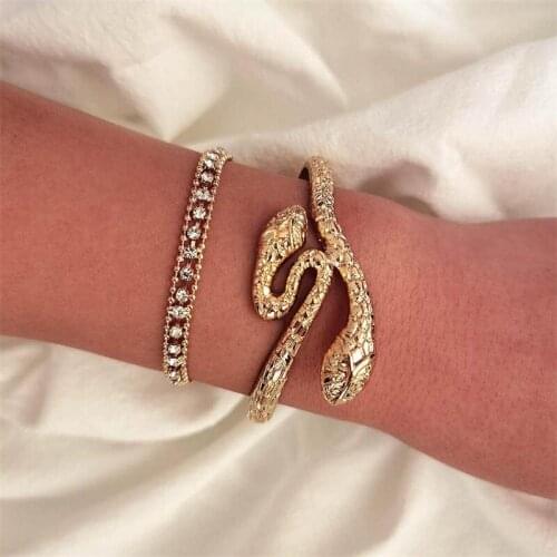 2 Pcs/Set Women Bracelets Set Retro Double Headed Snake Crystal Chain Open Gold Bracelet Exquisite Birthday Gift Jewelry