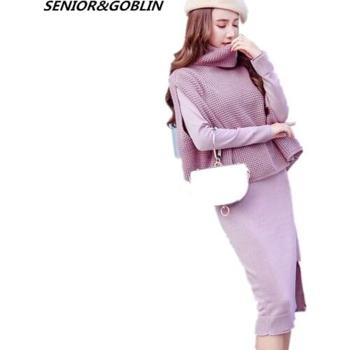 New Women Pullovers Sweaters Autumn Winter Runway Turtlenect Long Sleeve Women Casual Knitted Sweater Dress Two Piece Set S-XL