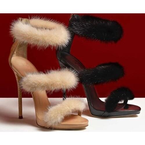 One word with stiletto high heel party dress sandals female 2021 summer new furry sexy wild waterproof platform Roman sandals