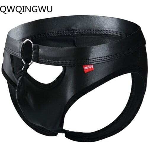 Sexy PU Leather Mens Underwear Briefs Male Underwear Briefs Sexy Underpants Low Waist Slip Men Panties Open Butt Thong Briefs