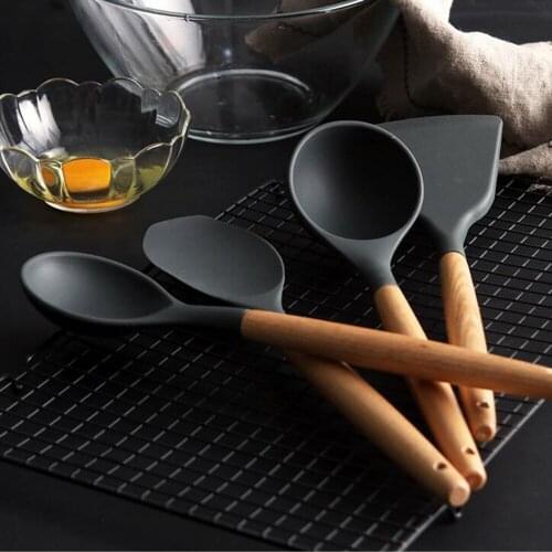 100A 8 Types Black Silicone Wood Spatula Heat-resistant Soup Spoon Non-stick Special Cooking Shovel For Kitchen Tools