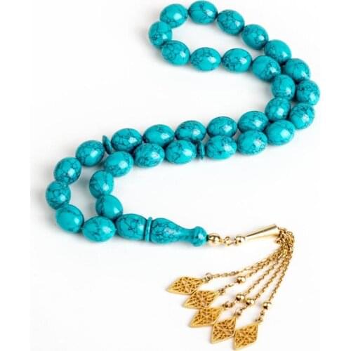 Handmade Blue Turquoise Gemstone Prayer Rosary Men Oval Cut Rosary With Silver Tassel Arabic Tasbih Gold Colored Chain Tassel