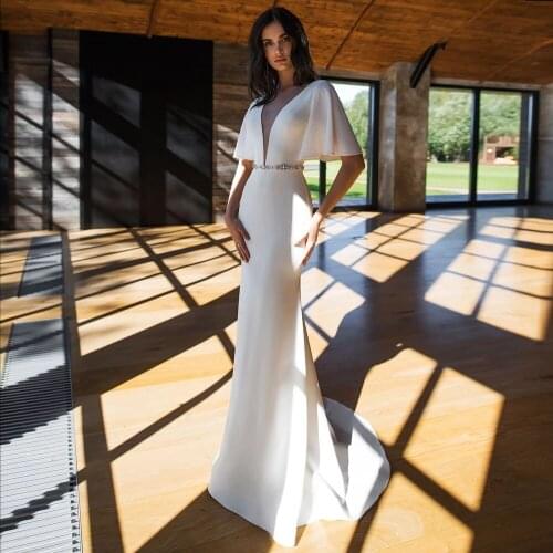 Wedding Dresses Mermaid V Neck Batwing Appliques Beading Sashes Sexy Elegant Floor Length Backless 2020 Bridal Gowns