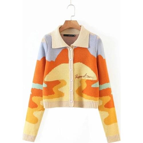 Women Soft Casual Print Sweater Fashion Ladies Full Sleeve Turn Down Collar Keep Warm Sweaters Chic Girls Streetwear