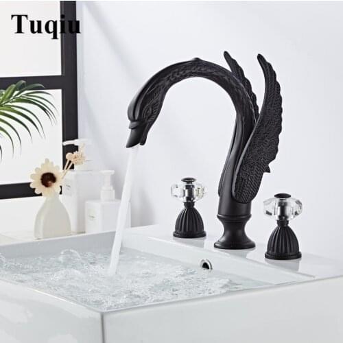 Tuqiu Bathroom Faucet Swan Basin Faucet Widespread Sink Mixer Tap Golden Brass 3 Holes Black Oil Brushed Basin Faucet water tap
