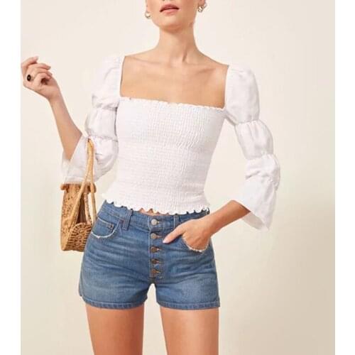 Vintage Long Puff Sleeve Tops for Women 2021 Spring Autumn Casual White Cotton Blouses Womens Shirts