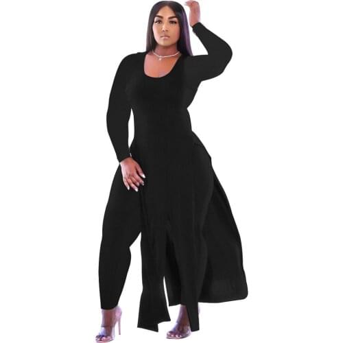 Plus Size Women Clothing Fashion Solid Color Sexy Urban Leisure Commute Tassel X-Long Split Fork Tops Tight Pants Two Piece Sets