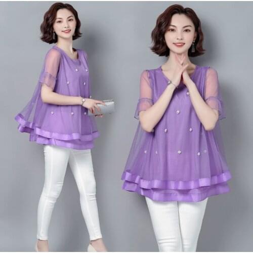 Short Flare Sleeve Mesh Lady Chiffon Blouses Shirts Casual Women Spring Summer Style Chiffon Blusas Tops Plus Size 5XL
