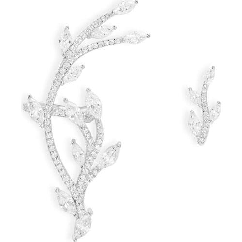 S925 Sterling Silver Asymmetric Festival Statement Leaf Ear Cuff With Stud Zirconia Tree Branch AB Clip Earrings For Women