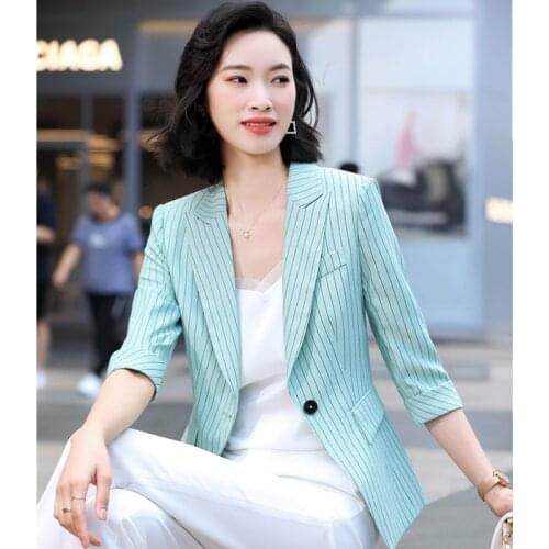 Blue striped small suit jacket women short spring and autumn Korean style fashion temperament mid-sleeve suit jacket