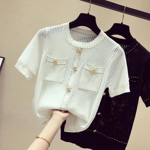 Thin Hollow Top Women Button T Shirt Knitted 2021 New Summer Tops Woman Short Sleeve Casual T-Shirt Female Tee Shirt Femme Y304