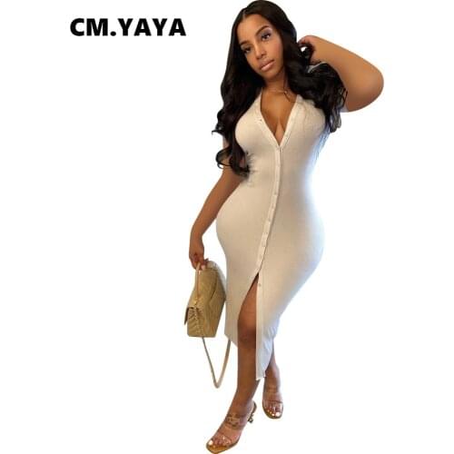 CM.YAYA Women Midi Dress Solid Short Sleeve V-neck Single Breasted Splited Bodycon Strechy Dresses Office Lady Outfit Summer