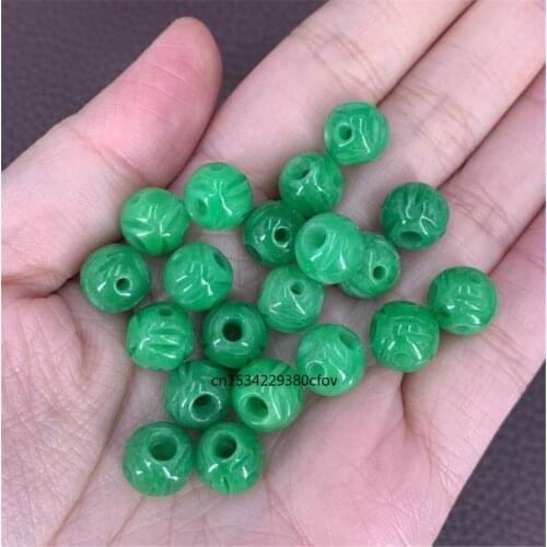 10pc Natural A Green Jade 8-10mm Hollow gold beads DIY Bracelet Bangle Charm Jadeite Jewellery Fashion Amulet Gifts Women Men