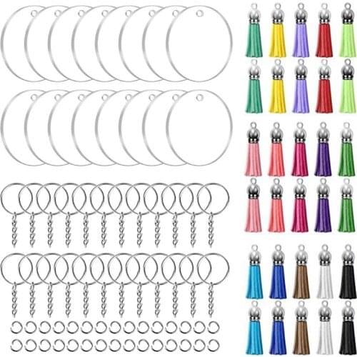 120 Pieces Key Ring Acrylic Blanks Keychain Tassel Set with Round Blanks Tassels 264E