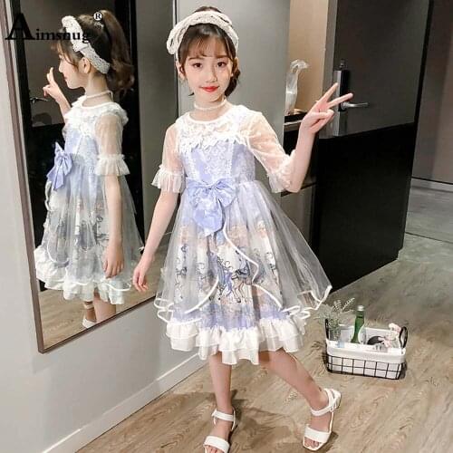 Aimsnug 2021 Patchwork Guaze Princess Dress Kids Girls Model Flower Print Birthday Party Dresses Children Knee-Length Gown Dress