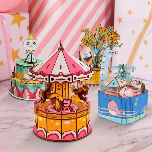 Diy Wooden 3D Jigsaw Music Box Carousel Assembly Model Building Kits Puzzle Creative Toy for Kids Adult Christmas Birthday Gifts