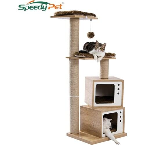 Wooden Cat Tree Modern Cat Tower Scratching Post Multi-Layer Platform Activity Center with Interactive Ball and Removable Mats