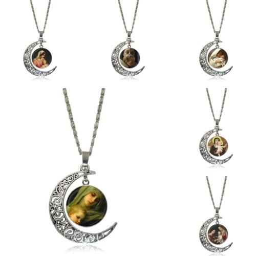 EJ Glaze For Girls Virgin Mary Baby Jesus Religious Fashion Glass Cabochon Moon Pendant Necklace Choker Necklace Jewelry