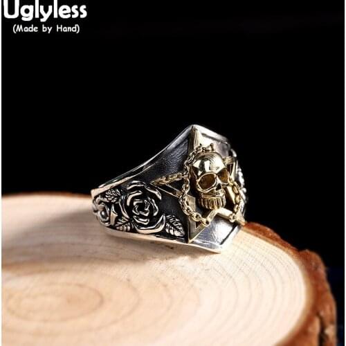 Uglyless Unisex HIP HOP Skull Skeleton Rings for Women Men Thai Silver Rose Flowers Rings 925 Silver Star Fashion Cool Jewelry