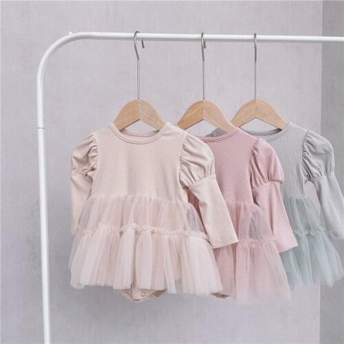 Lovely Newborn Baby Girl Tulle Skirts 2021 Spring Kids Sweet Long Puff Sleeve Solid Romper Princess Party Wedding Tutu Dress