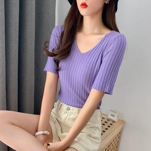 Summer Ice Silk T-shirt Womens Thin Knitted V-neck Short-sleeved Slim Fit All-match Slimming Short Bottoming Top