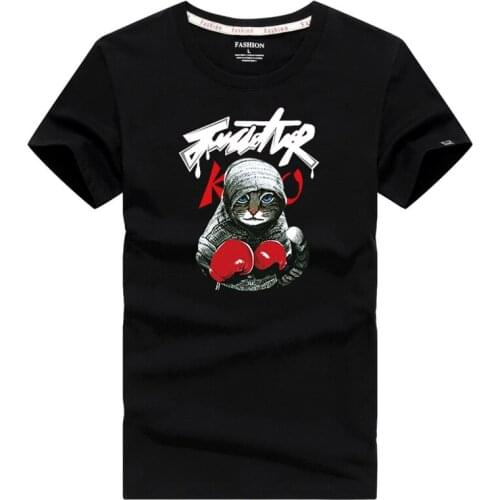 100% Cotton Men T Shirt Plus Size 5XL Tee Shirt Homme Summer Short Sleeve Casual Mens T-Shirts Fighting Cat Print Funny T Shirts
