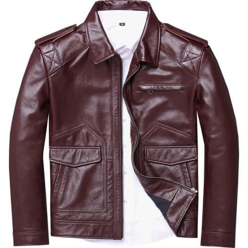 Real Genuine Leather Jacket For Men Natutral Cow Hide Vintage Branded Jackets Coats Male Burgundy Wine Red Outerwear Plus Size