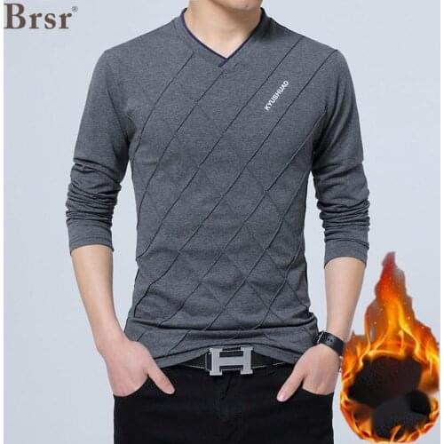 Men Winter Clothes Plus Velvet Oversized T-shirt Long Sleeved V-Neck Argyle Design Solid Color Tshirts Casual Clothing T Shirt