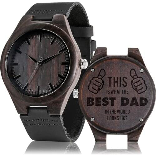 Personalized Engraved Best Dad Design Men Wood Watches Birthday Gifts Male Timepiece Quartz Genuine Leather Wrist Watch with Box